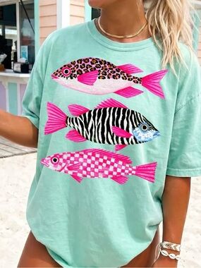 Mint Short-Sleeve Tee with Pink Patterned Fish Graphic